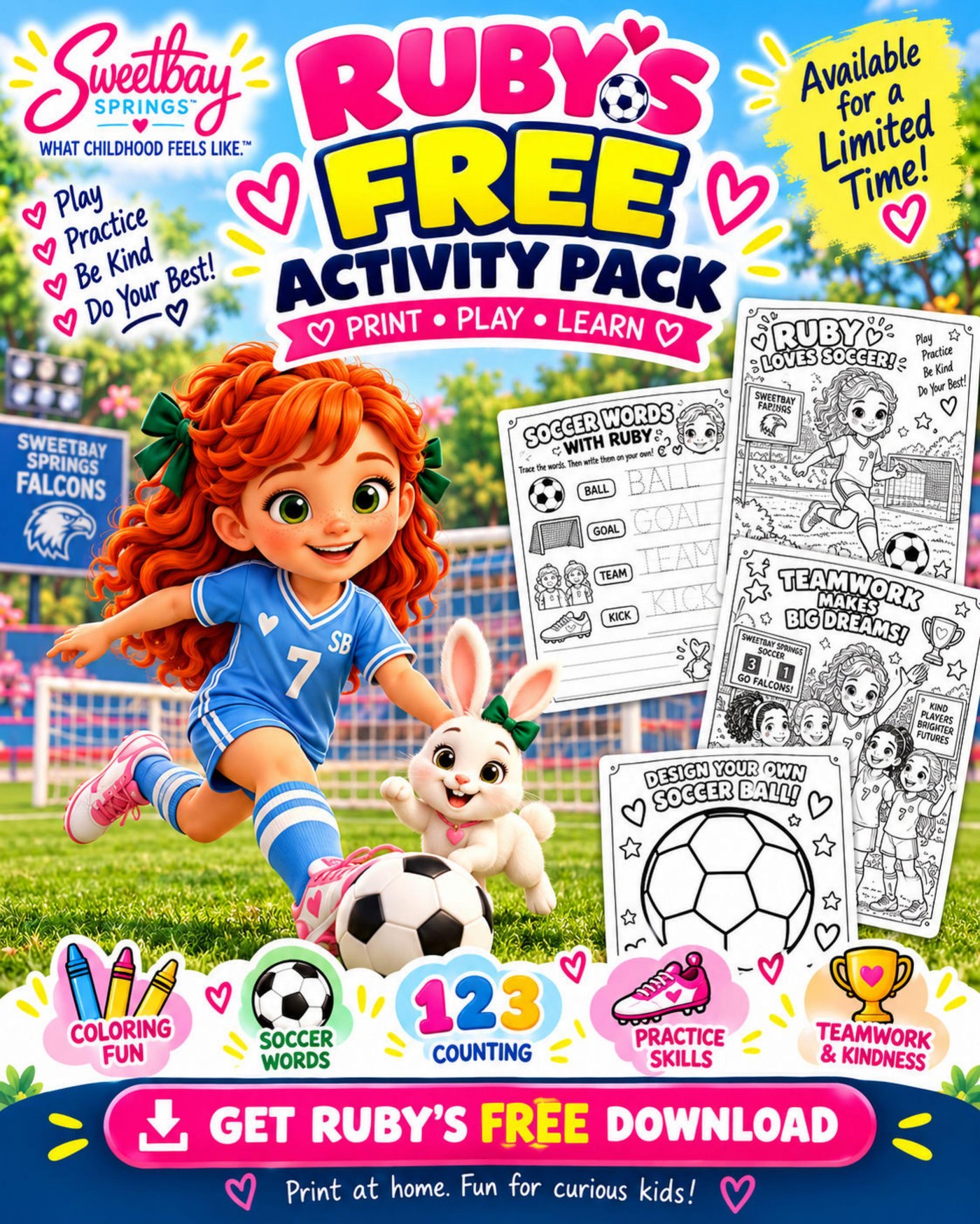 Ruby’s Free Activity Pack cover, featuring Ruby and Twinkle on the soccer field