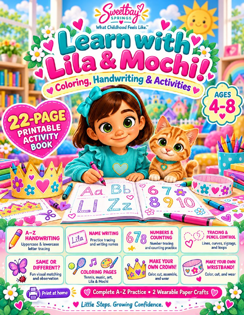 Cover of Learn with Lila and Mochi, a 22-page printable activity book for children ages 4–8