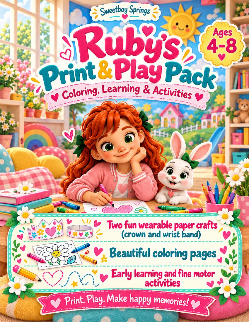 Cover of Ruby’s 22-page Print and Play Pack for children ages 4–8