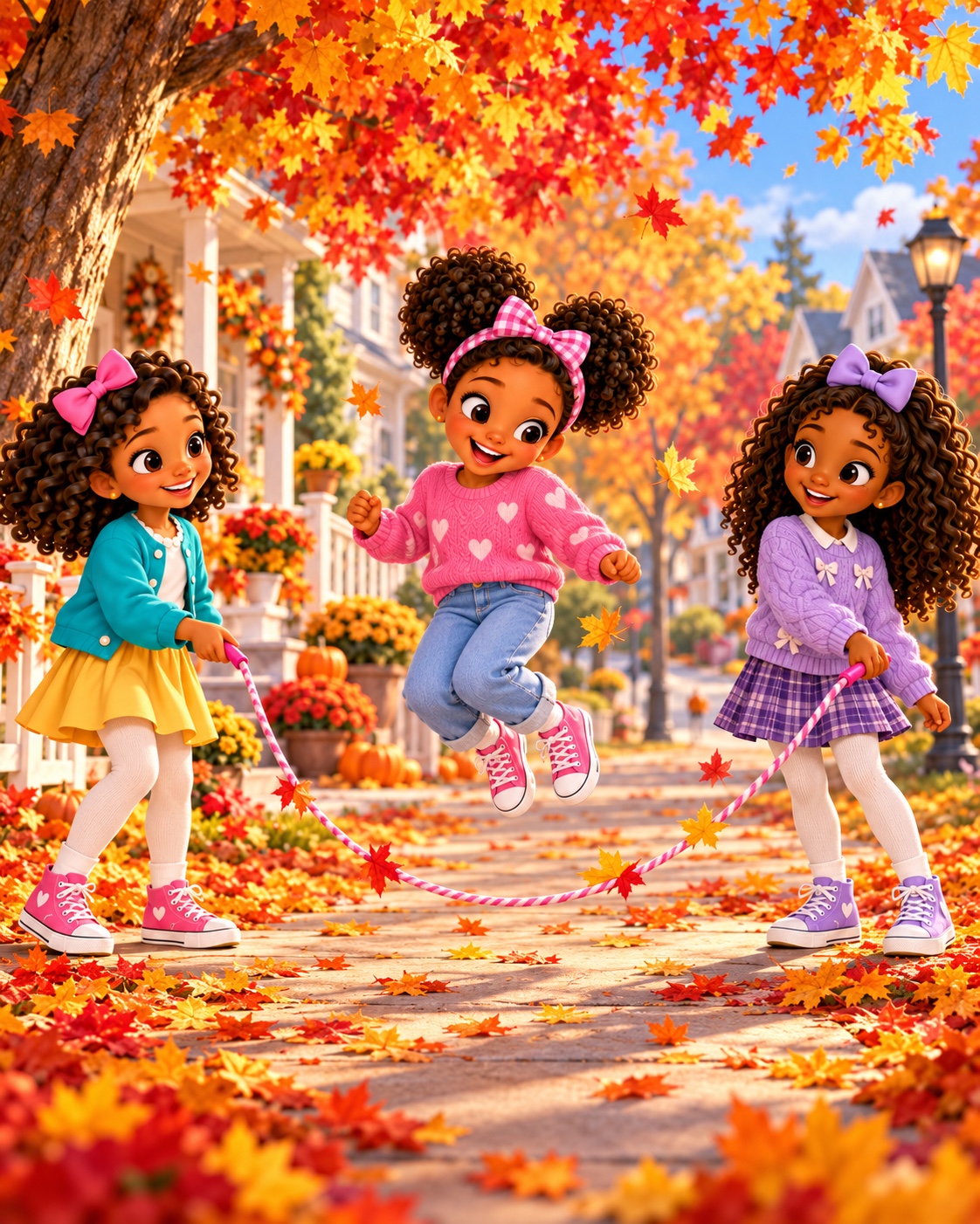 Friends playing jump rope on a sunny fall day