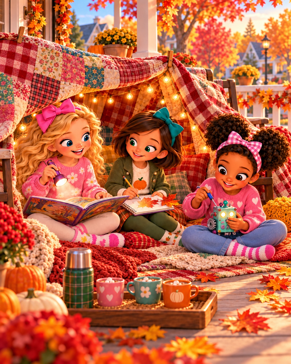 Friends reading and crafting together in a cozy blanket fort