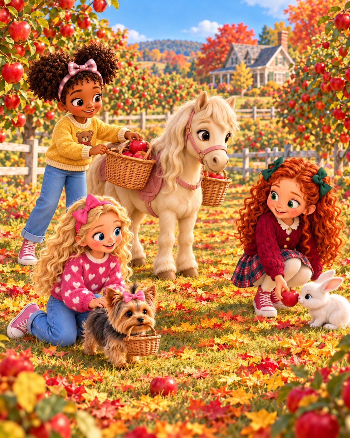 Friends picking apples with Pearl’s pony Peanut and their pets
