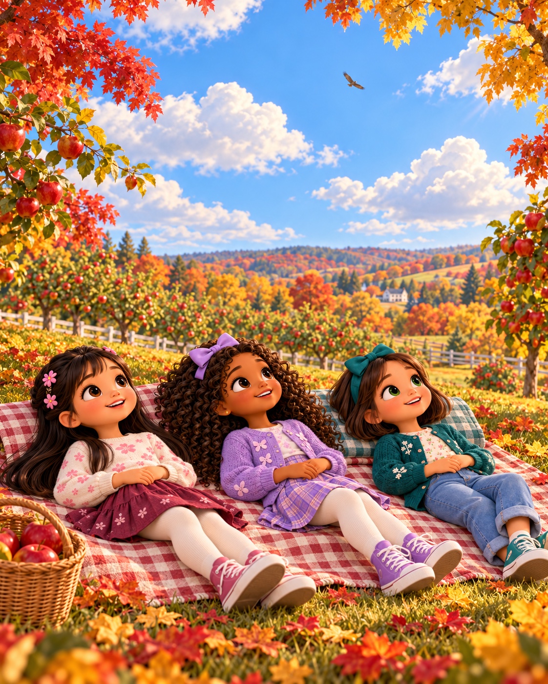 Friends relaxing beneath the apple trees and watching the fall sky