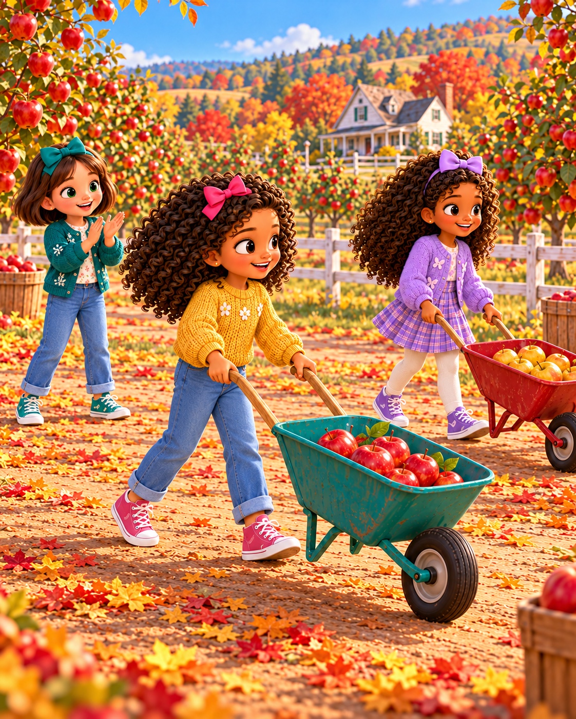 Friends gathering orchard apples in colorful wheelbarrows