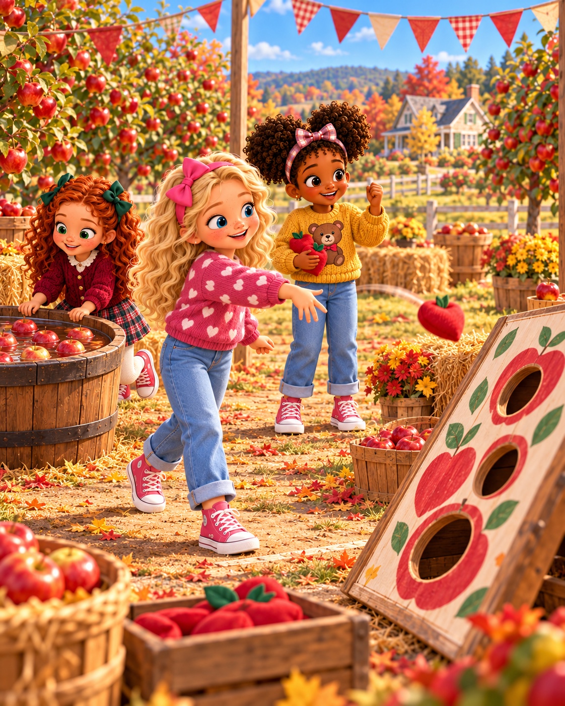 Friends playing an apple toss game at the orchard