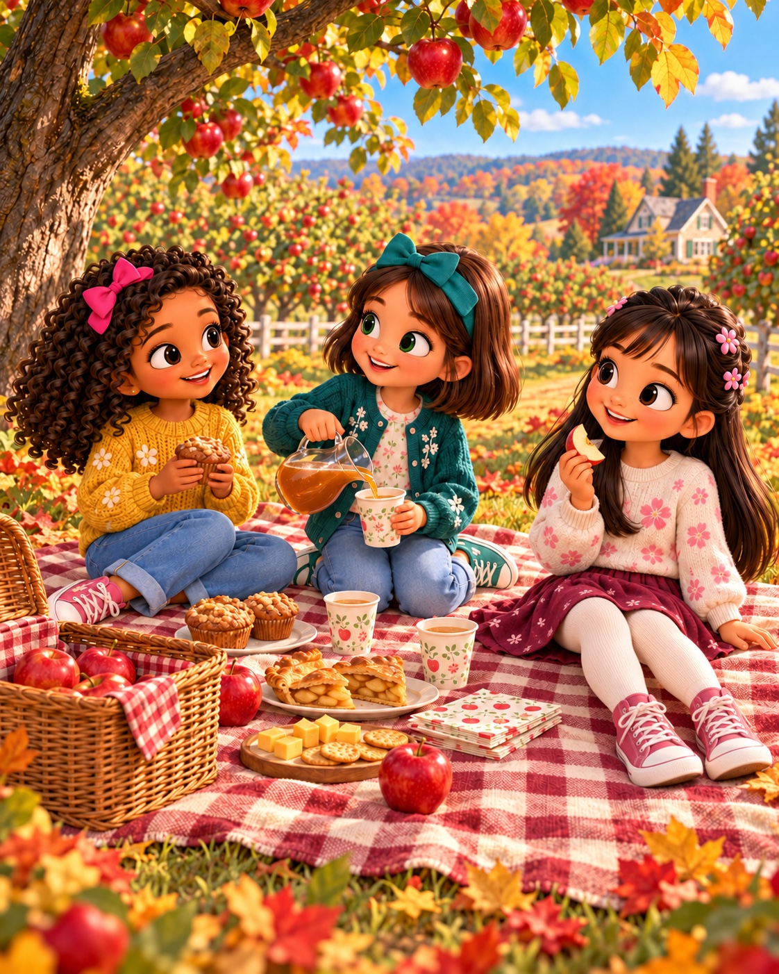 Friends sharing an apple orchard picnic beneath the trees