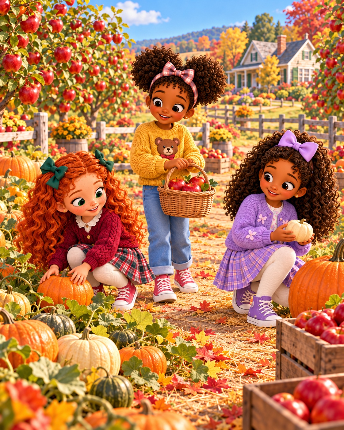 Friends exploring the pumpkin and apple patch together