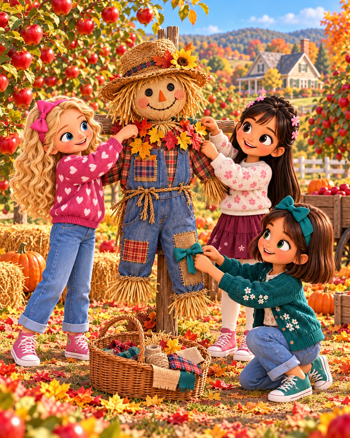 Friends decorating a cheerful orchard scarecrow