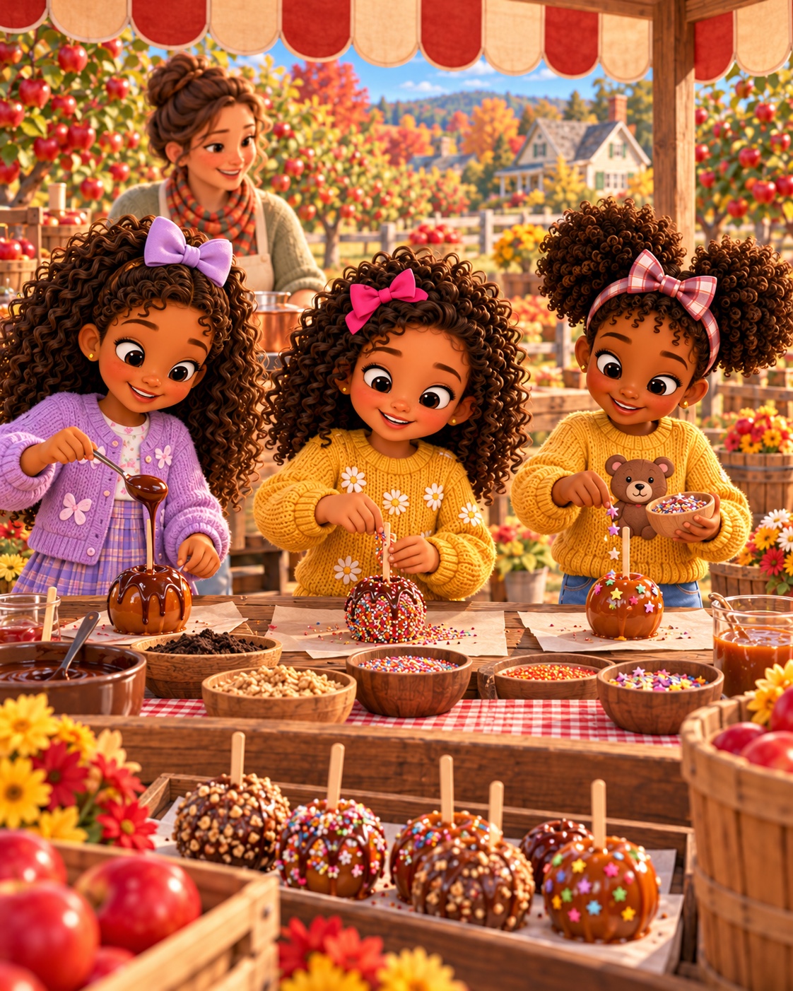 Friends making candy apples at the orchard stand