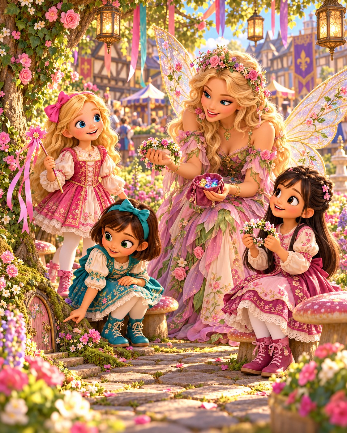 The girls discover fairies in a Renaissance Faire garden