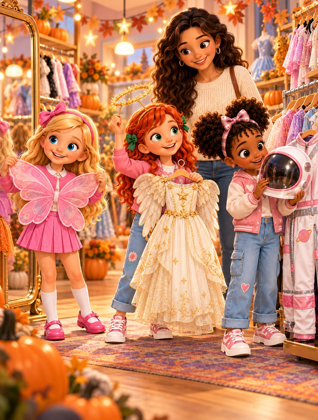 The girls shop for colorful Halloween costumes