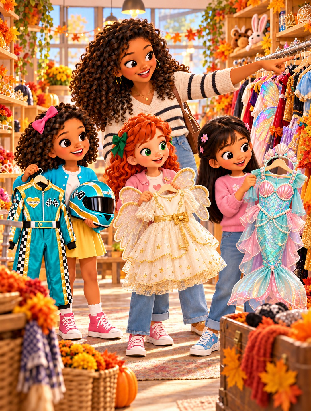 The girls search for costume pieces at a thrift store with a big sister