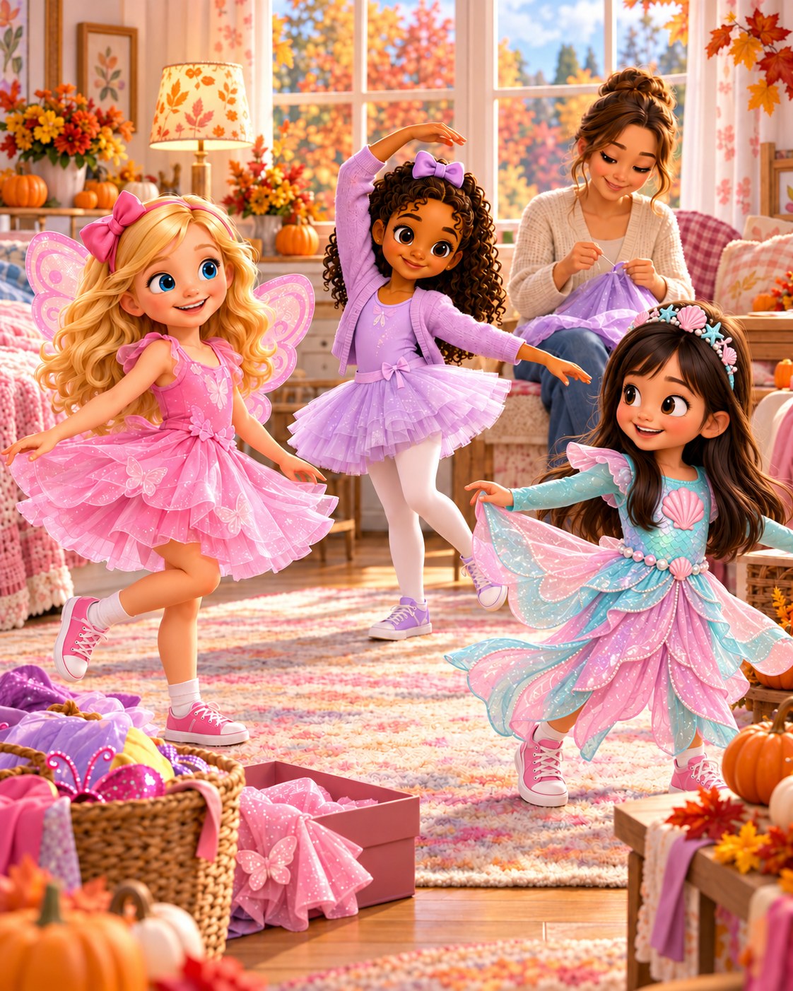 The girls try on their finished Halloween costumes