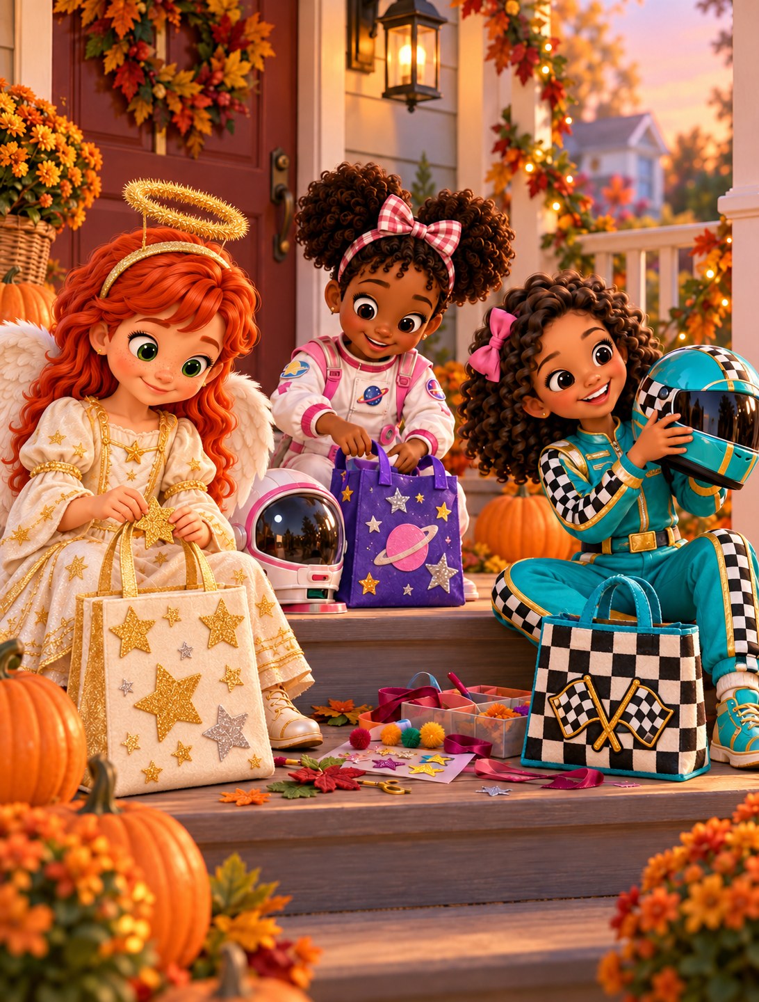 The girls decorate and prepare their Halloween treat bags