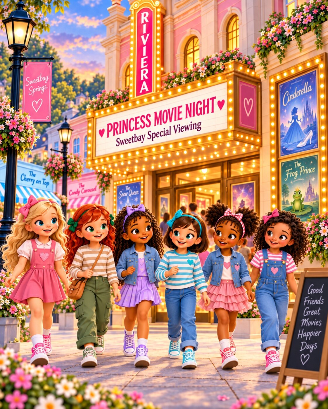 Friends arriving for princess movie night at the Riviera Theater