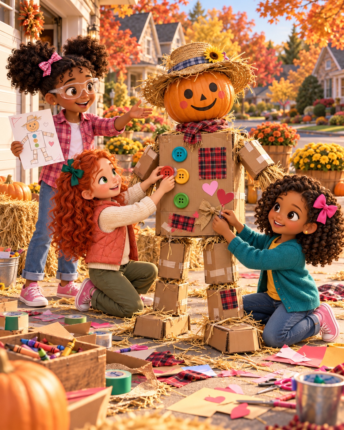 Friends building and decorating a cheerful fall scarecrow
